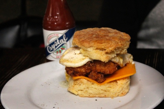 Fried chicken and egg on a biscuit