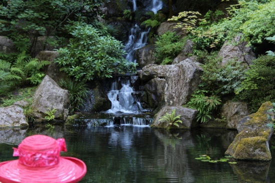 Ladies hat and waterfall, Portland Japanese Garden